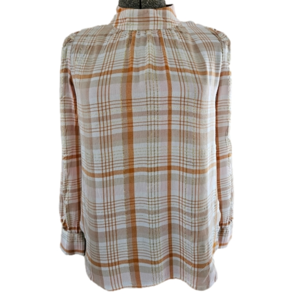 Loft Viscose Plaid Gold & Pink Pullover Long Sleeve Blouse-Size Medium